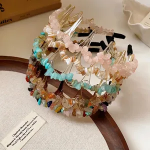 Vintage acrylic hair hoops decorated with colorful irregular crushed stones for women