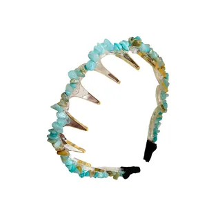 Elegant retro acrylic headband decorated with irregular turquoise crushed stones for women