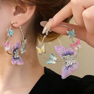 Exquisite hoop earrings featuring embroidered butterflies and rhinestones for women