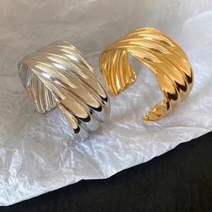 Fashion Wavy Texture Open Cuff Bracelet Exaggerated Metal Metallic Gold Silver Bangle For Women Party Jewelry Gift