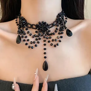 Collier Femme Noir Multicouche avec Pendentif Fleur en Cristal Artificiel Style Sweet Cool Alliage Strass Goutte d'Eau Bijoux de Clavicule