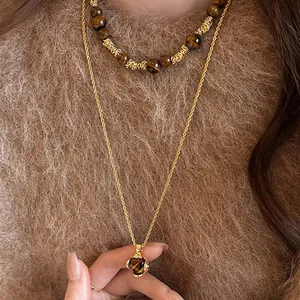 Vintage Tigerauge Perlen Wickelkette Für Damen Elegante Vergoldete Mehrlagige Pulverkette Mode Schmuck Accessoire