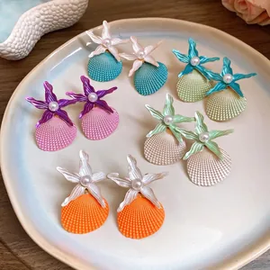 Ocean Theme Starfish and Shell Stud Earrings With Artificial Pearl Painted Stainless Steel Post For Beach Vacation Women Jewelry