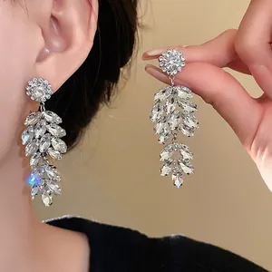 Women Elegant Wheat Ear Flower Drop Earrings Rhinestone Inlaid Jewelry For Party Wedding Silver Earring Post Accessories