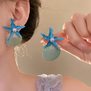 Stylish blue starfish and shell stud earrings with pearl for beach vacation fashion