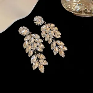 Elegant silver needle wheat ear dangle earrings with sparkling marquise rhinestones