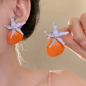Tropical beach style seashell and starfish earrings with pearls and steel needles