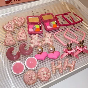 Sweet pink resin earring set featuring hearts bears and geometric shapes for women fashion