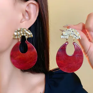 Vintage Geometric U-Shaped Statement Earrings For Women Hammered Gold Copper With Red Marble Resin Silver Earring Post