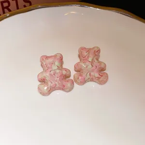 Handcrafted sweet pink marbled resin bear stud earrings featuring S925 silver needles