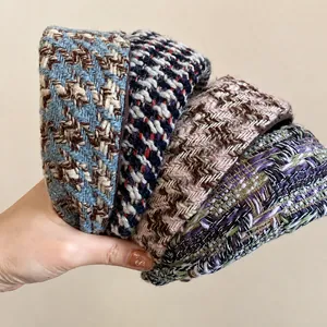 Set of vintage retro tweed woven headbands in assorted colors and checkered patterns