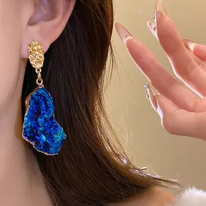 Elegant blue drip oil irregular pendant earrings with gold-toned textured studs for women