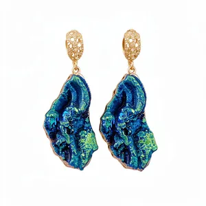 Vintage irregular blue oil drip pendant earrings with gold-toned textured studs