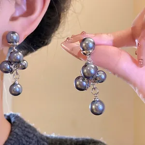 French Vintage Grape Cluster Stud Earrings For Women 925 Sterling Silver Earring Post Artificial Pearl Light Luxury Palace Style Jewelry