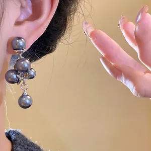 French vintage silver needle grey pearl grape cluster dangle earrings for women