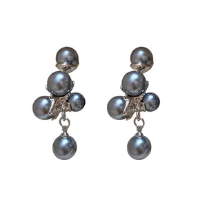 Elegant silver cluster earrings featuring grey pearls in a vintage grape-like design