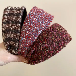 French Vintage Velvet Plaid Wide Padded Headband Women Autumn Winter Warm Knit Pattern Hair Hoop Elegant Hair Accessories