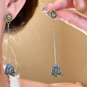 Orecchini Boemi Stile Etnico Goccia d'Olio con Strass Intarsiati a Forma di Fiore e Goccia d'Acqua con Nappa Lega e Perno in Argento Sterling 925 Gioielli Vintage Blu Oro Donna