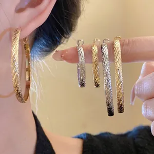 Fashion Iron Hoop Earrings With 925 Sterling Silver Post Pleated Twill Texture Gold Silver Color Round Circle Earrings For Women Jewelry Gift