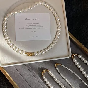Collier de Perles Artificielles Rétro Français Élégant pour Femmes Chaîne de Clavicule Luxueuse Légère Bijoux pour Fête Mariage
