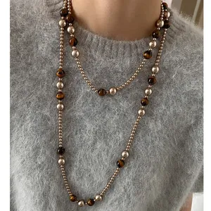 Vintage Künstliche Perle Tigerauge Stein Perlen Pullover Kette Für Damen Retro Lang Herbst Winter Schmuck Accessoire