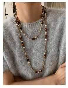 Retro Tigerauge und künstliche Perlen lange Pulloverkette für Damen, elegantes Design