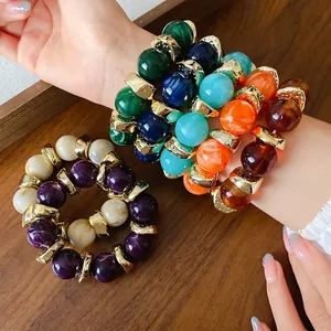 Bracciale Vintage in Acrilico Tondo Marmorizzato per Donna Tendenza Individuale Gioielli di Lusso di Nicchia Con Distanziatori in Lega Dorata