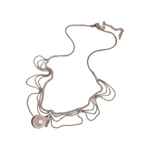 Elegant multi-layered rhinestone necklace with a large white pearl pendant for women.