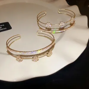 Korean Luxury Copper Rhinestone Double Layer Open Cuff Bangle For Women Fashion Four-Leaf Clover Cross Flower Pattern Jewelry