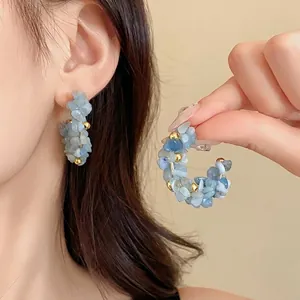 Orecchini a Bottone Tondi in Ghiaia di Acquamarina Naturale Con Perno in Argento Sterling 925 Orecchini Geometrici Perle Dorate per Donna Gioielli Vacanza