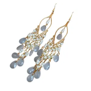 Elegant French style long tassel earrings with grey teardrop charms and white beads.