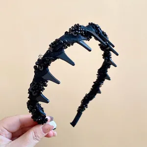 Elegant black mesh hairband decorated with glass beads, designed for high crown effect.
