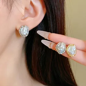 French Vintage Pleated Artificial Pearl Stud Earrings For Women Alloy Geometric Irregular Earrings With Silver Earring Post