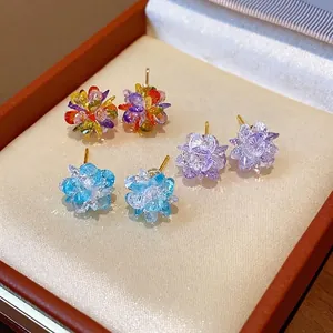 Elegant colorful crystal flower stud earrings with silver pins for a luxury look