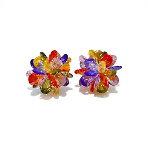 Vibrant multi-color crystal cluster flower stud earrings with premium silver needle backings