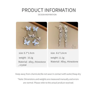 Detailed specifications and sizes for butterfly and floral crystal rhinestone tassel earrings