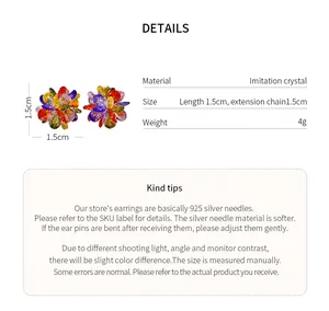 Detail view of colorful dopamine crystal flower stud earrings with size and material info