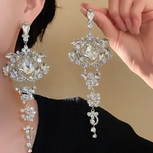 Luxury Rhinestone Tassel Drop Earrings For Women Elegant Water Drop Shape Copper Wedding Party Dangle Earrings Fashion Jewelry