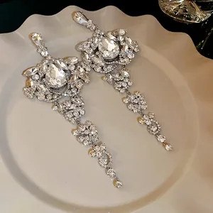 Elegant rhinestone water drop tassel earrings with silver needles for evening dresses