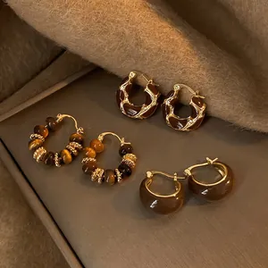 Vintage Tiger Eye Stone Geometric Round Stud Earrings With 925 Sterling Silver Earring Post Maillard Style Alloy Rhinestone Earrings