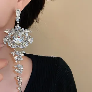 Stunning cascading silver needle rhinestone waterdrop tassel earrings for elegant evening wear