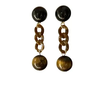 Vintage tiger eye stone round drop earrings in Maillard brown tones for women's autumn style