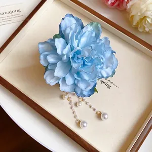 Elegant blue fabric flower hair claw with dangling pearl tassels for women hair accessories