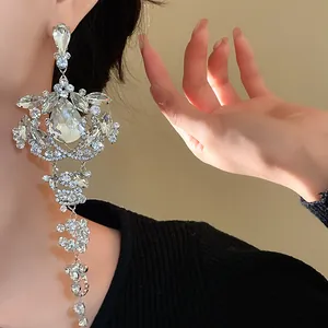Exquisite detail of silver teardrop crystal tassel earrings worn on a model with warm lighting