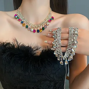 Exaggerated Square Geometric Pendant Necklace Colorful Rhinestone Copper Chain Link Choker Luxury Niche Jewelry for Women