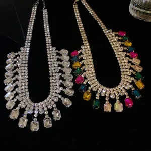 Fashionable exaggerated geometric square rhinestone necklace clavicle chain jewelry set