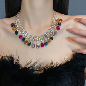 Statement necklace featuring multi-colored square crystals and rhinestones for women