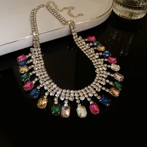 Statement multicolored rhinestone necklace with chunky square geometric crystals