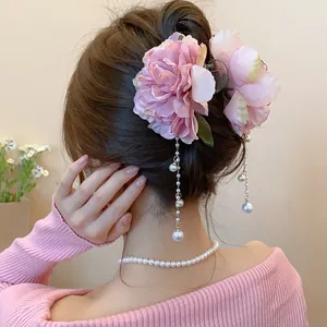 Elegant pink fabric flower hair claw clip with long pearl tassel for women hair styling