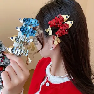 Retro New Chinese style fish-shaped hair clips with colorful sequin shell scales